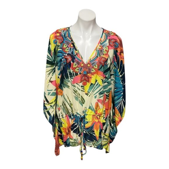 Nicole Miller Medium/Large Multi-Color Beaded Boho Tie Swim Coverup - Picture 2 of 8